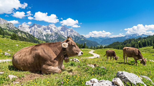 Close-up photograph of a brown cow resting serenely in a vibrant alpine meadow with majestic mountains in.