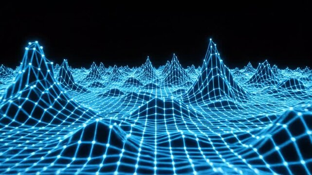 Abstract blue data network grid forming futuristic digital mountains