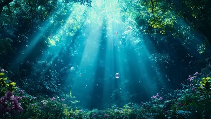 Fototapeta premium Sunlight filtering through the canopy of a mystical forest, creating a dreamlike underwater ambiance. The scene is illuminated with beams of sunlight, evoking a sense of enchantment and wonder.