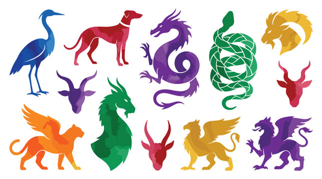 A diverse set of thirteen colorful mythical creatures and animal silhouettes, including a dragon and griffin, is displayed on a white background.