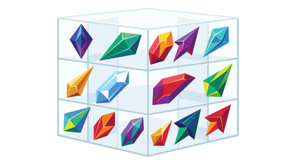 Obraz premium Sixteen colorful, faceted crystals in various shapes and hues are neatly arranged inside a transparent, three-dimensional cubic grid on a white background.