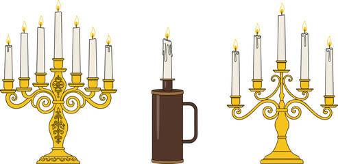 Comprehensive Vector Collection of Vintage Golden Candelabras and a Single Brown Candle Holder Featuring Lit White Taper Candles for Classic Interior Decor Design