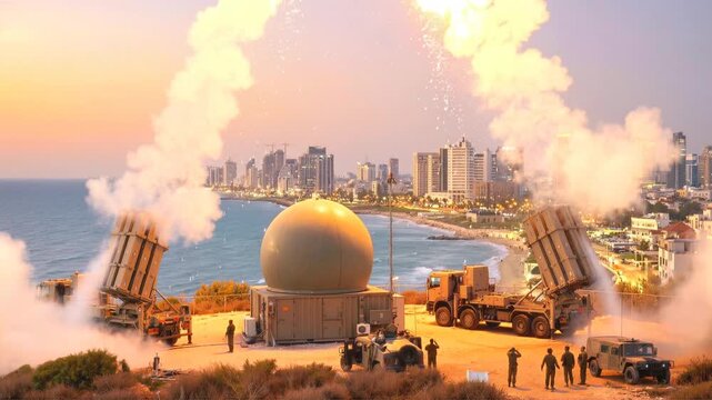 Iron Dome battery launching interceptor missiles from coastal position at sunset. Military defense system protecting urban skyline. Lockdown wide shot.