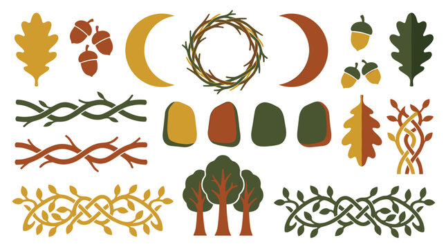 A set of pagan and Celtic-inspired icons, including oak leaves, moons, and knotwork, is displayed on a plain white background.