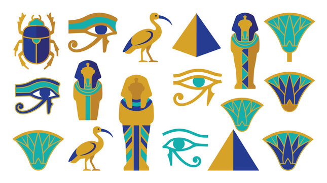 A collection of colorful ancient Egyptian symbols, including the Eye of Horus, pyramids, and scarab beetles, is isolated on a white background.
