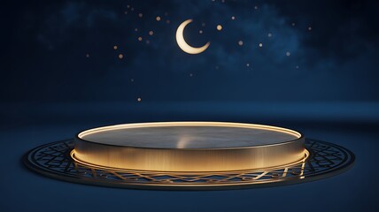 Obraz premium Golden Illuminated Podium with Crescent Moon and Stars