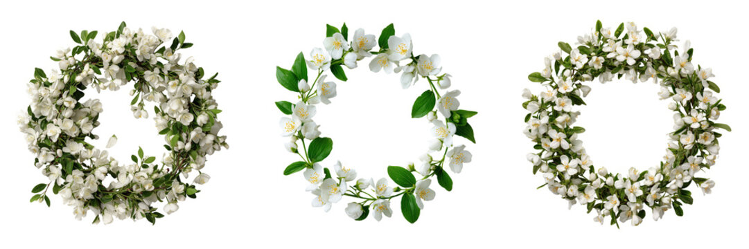 Set of Delicate jasmine flower wreath with fresh green leaves on transparent png background. Ai generated