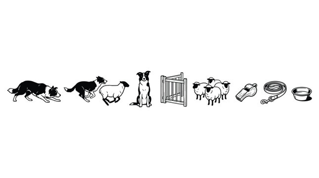 A minimalist set of black and white icons shows a border collie dog herding sheep and other sheepdog trial equipment.
