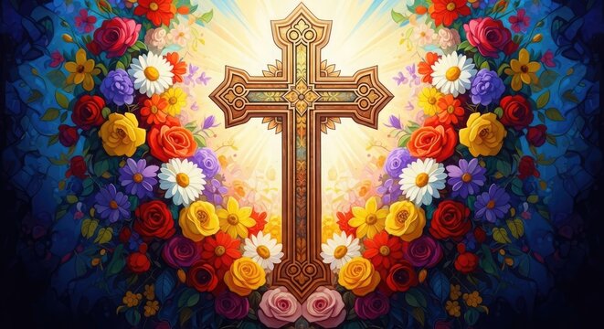 Easter cross with colorful flowers happy easter celebration symbol