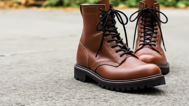 A pair of brown leather combat boots with black laces and soles on a grey concrete surface