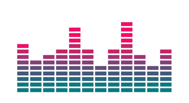 Colorful equalizer graphic with gradient bars representing sound waves or audio levels on a white background