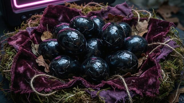 A collection of mysterious black balls with a purple velvet cloth and moss