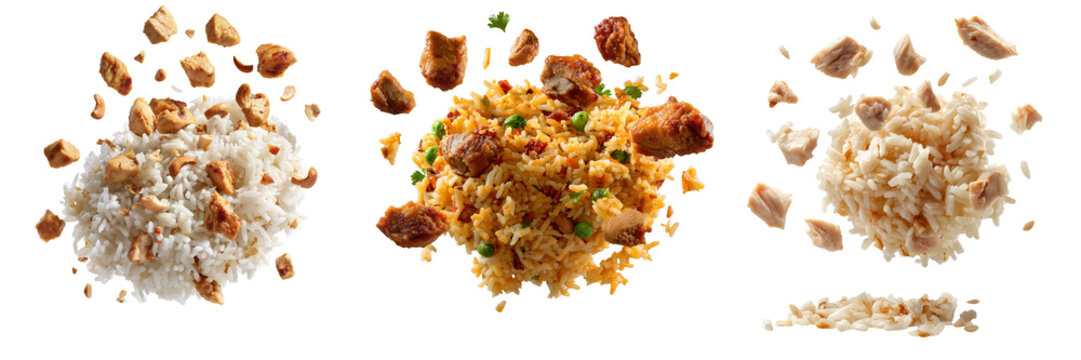 Set of Freshly cooked chicken pulao with fluffy basmati rice tender chicken chunks visible whole spices and herbs on transparent png background. Ai generated