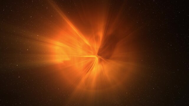 Abstract orange glow sphere with rays, science background. Bizzard planet structure in space, 4k