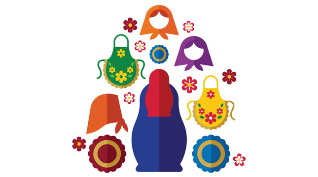 A collection of colorful Russian folk art icons, including Matryoshka nesting dolls, aprons, and flowers, arranged in a triangular composition.