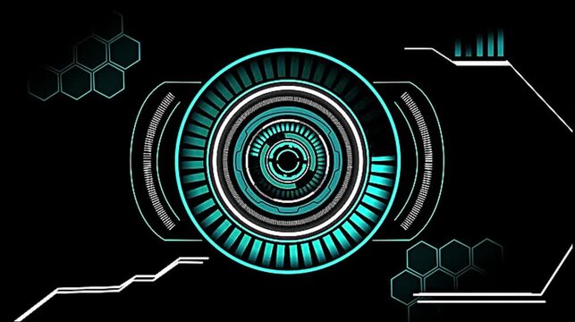 Abstract futuristic HUD center with rotating rings and hexagon shapes in blue and cyan with Sci Fi