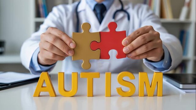 Male doctor at a clinic desk holding puzzle pieces together above the word Autism made of wooden yellow letters, medical neurodiversity concept.