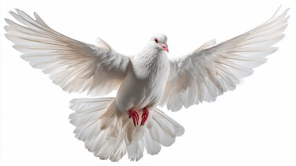 Fototapeta premium White dove soaring, wings spread wide against a pure white background