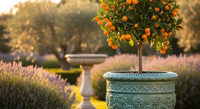 orange tree in decorative pot garden