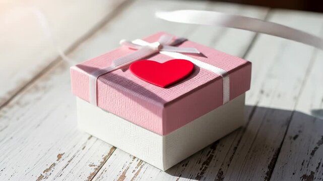 A pink gift box with a white ribbon and red heart on a rustic wooden surface