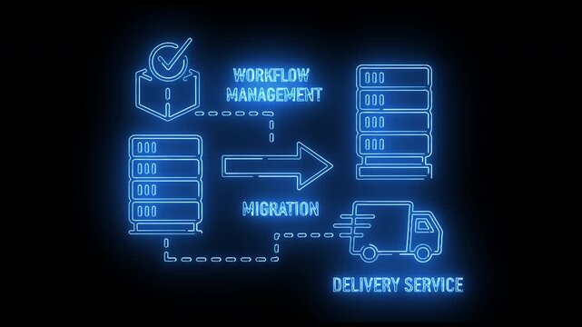 Neon-lit workflow management and data migration process with delivery service icons on a dark background.