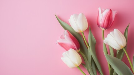 Colorful Tulips Laid on a Pink Background in a Simple Floral Arrangement During Daytime