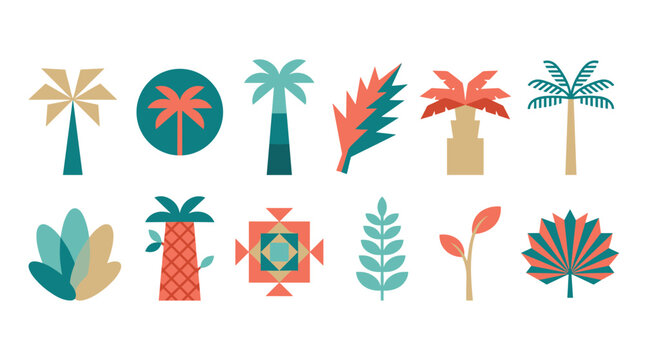 A set of twelve stylized tropical palm tree and leaf icons is presented in a teal, coral, and beige color palette.