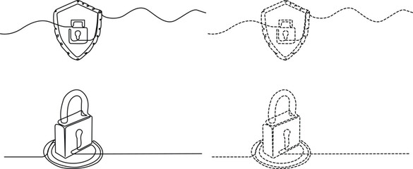 Continuous line art depicting security shield and padlock icons with solid and dashed line styles Vector © Servo