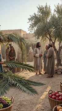 Jewish Feast of Tabernacles preparations with leafy booths and harvest fruits in Galilee village vertical video