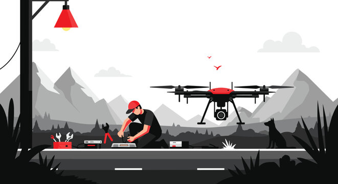 A technician repairs a large quadcopter drone on a roadside at dusk in a stylized, monochromatic landscape with red color accents.