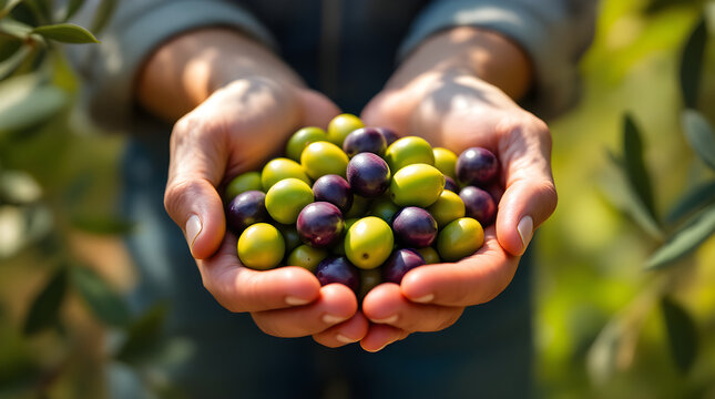 Hands holding olives in an olive grove