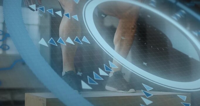 Man entering frame and performing step-up reps on plyo box, HUD overlay guiding balance for fitness