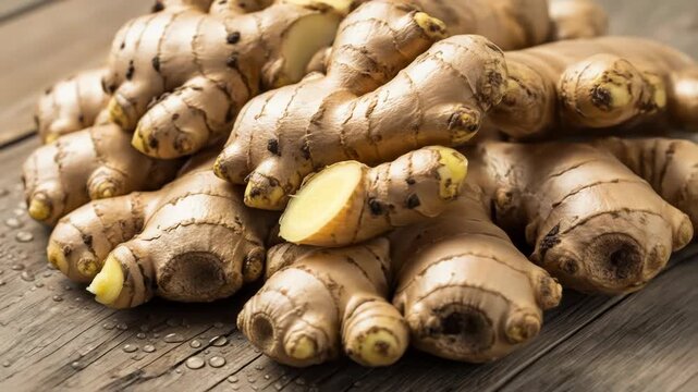 A pile of fresh, raw ginger roots with some sliced pieces on a wooden surface