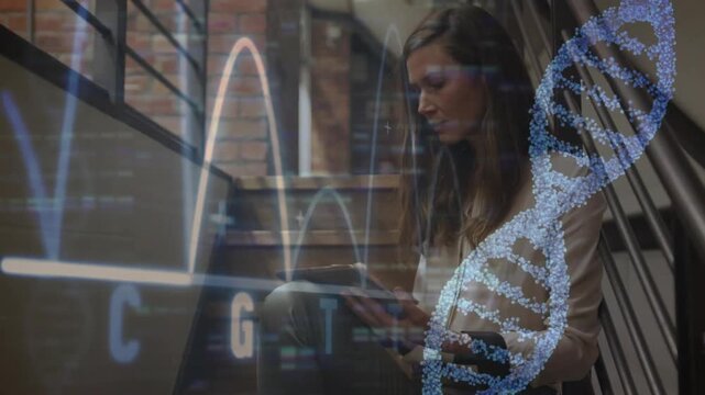 Woman bringing tablet into view on stair landing, tapping and analyzing DNA helix overlays