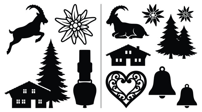 A collection of black silhouettes depicting Swiss and Alpine symbols like an ibex, edelweiss, and a chalet is isolated on a white background.