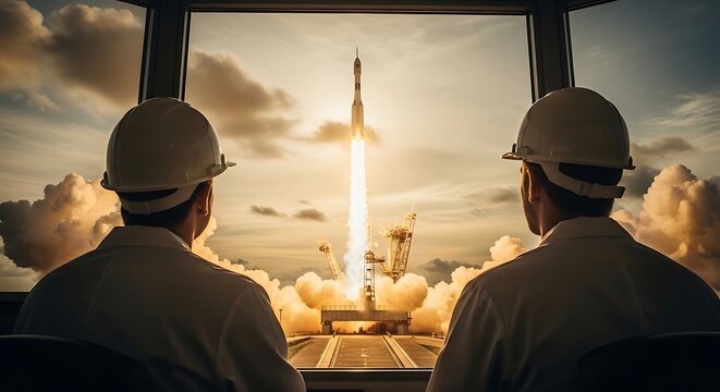Two people in lab coats watch a rocket launch through a large window
