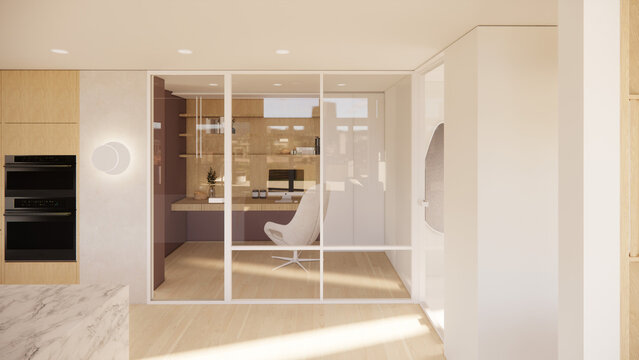 Modern home office with glass partition and warm wood interior design 