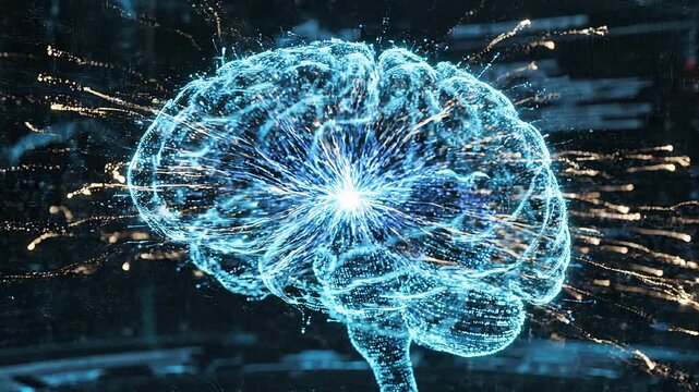 Glowing blue neural network illustration with sparkling connections on a dark background with streaks of light.
