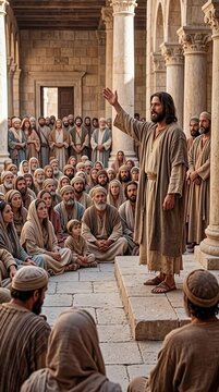 Jesus Christ standing openly in Jerusalem temple courtyard teaching crowds vertical video