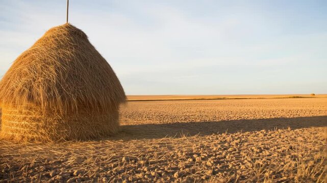 A large, conical haystack stands alone in a vast, open field