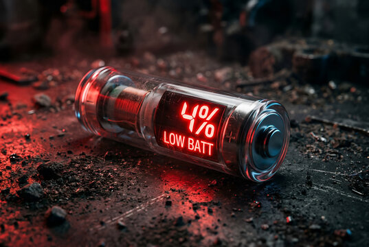 Transparent battery with red 4 low batt digital display on dark rocky surface with red light reflection
