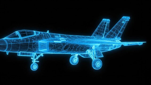 Blue glowing wireframe model of a modern fighter jet on a black background