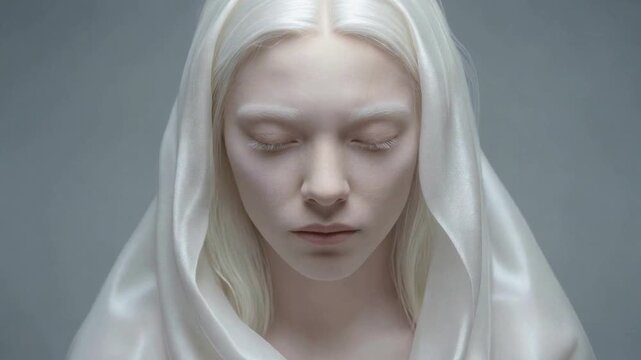 Albino woman with white hair and pale skin looking down. Close-up of young female with albinism wearing silk headscarf. Lockdown shot.