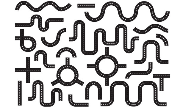 Road segments with white dashed lines, including curves, straightaways, intersections, and roundabouts, for creating custom tracks.