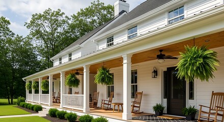 Fototapeta premium Two-story white farmhouse with covered porch, rocking chairs, and hanging ferns under blue sky