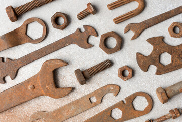 Rusty Wrenches, Bolts and Screws Flat Lay Repair and Maintenance Concept