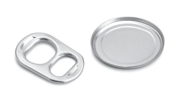Detached soda can tab and lid on a white surface, showing metallic texture and simple circular, rectangular shapes
