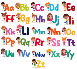 Fototapeta premium Colorful alphabet letters A–Z with cute cartoon children, educational ABC learning illustration for kids.