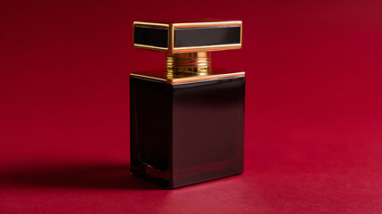 Elegant Black and Gold Product Bottle on a Vibrant Red Background for Luxury Goods and Beauty Marketing Materials