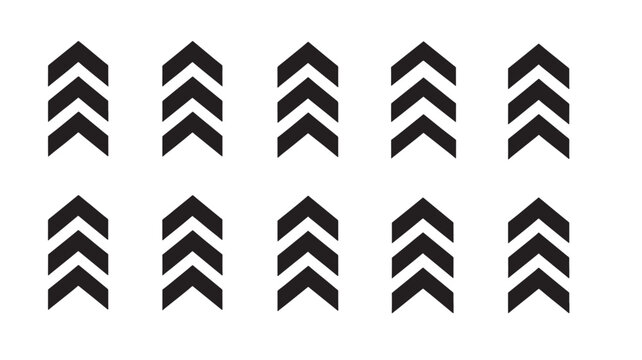 Arrows chevron set with triple stacked pointing upwards in black on a white background. featuring arrow, upward, direction with symbol and sign